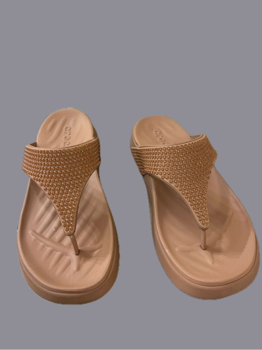 CROCS Tan Jeweled Platform Thong Sandals